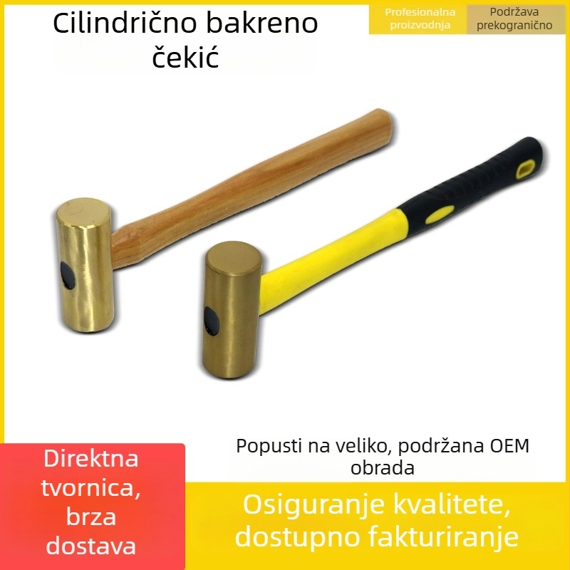 Eksplozijski otporan cilindrični čekić s drvenom i vlaknastom ručkom, glavom od bakra ili mesinga