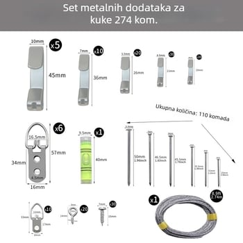 274-dijelni metalni set za okvire: prstenovi za vješanje, udice, čavli i zupčaste vješalice