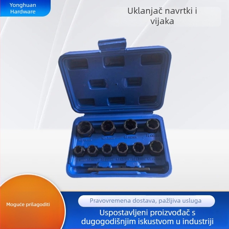 11-djelni set za izvlačenje šesterokutnih matica i vijaka, hrđavi i deformirani, protiv krađe, s hex utičnicom, u plavoj kutiji
