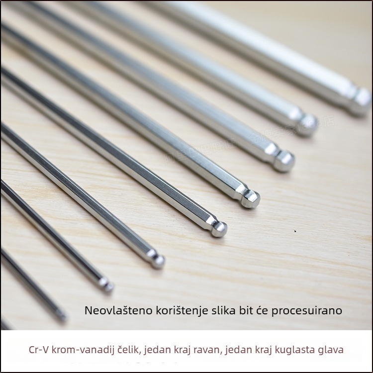 Prošireni šesterokutni ključ s kuglastom glavom i ravnim vrhom, L-oblik, dugačak, niklani, veličine 2–12 mm