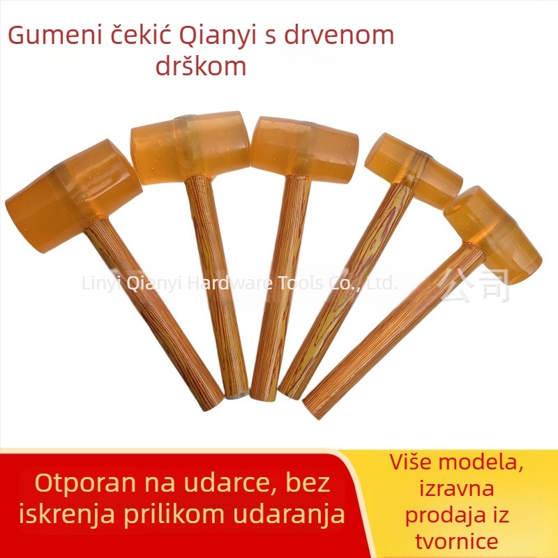 Gumeni čekić s drvenom ili plastičnom drškom za postavljanje pločica i podova; žuta gumena glava; tiha funkcija