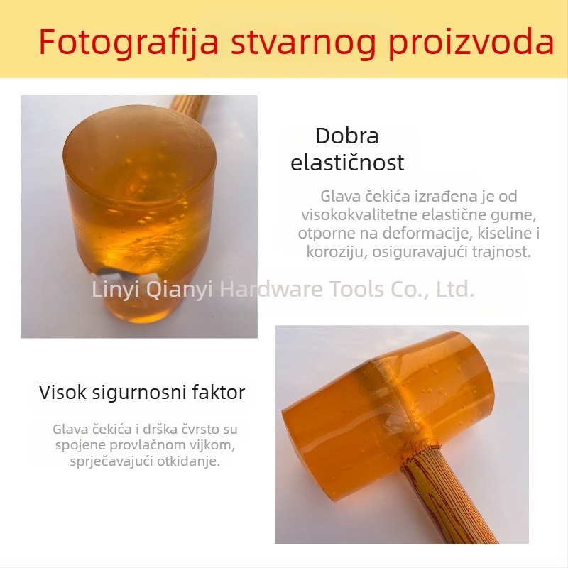 Gumeni čekić s drvenom ili plastičnom drškom za postavljanje pločica i podova; žuta gumena glava; tiha funkcija