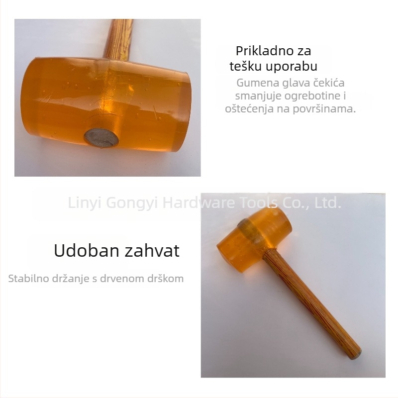 Gumeni čekić s drvenom ili plastičnom drškom za postavljanje pločica i podova; žuta gumena glava; tiha funkcija
