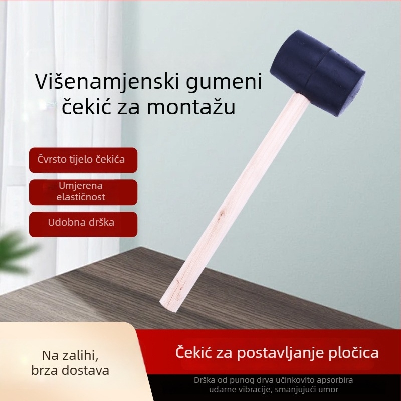 Gumeni čekić za postavljanje pločica, višenamjenski poravnavajući čekić, drvena drška, 300 g