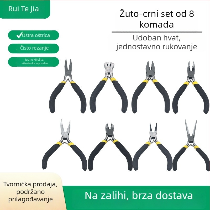 Ritega osmeročlani set kliješta za rezanje s različitim vrhovima: igličasti, zakrivljeni, okrugli, nagnuti, plosnati i šiljasti; uključuje kliješta za žicu i kliješta za nakit.