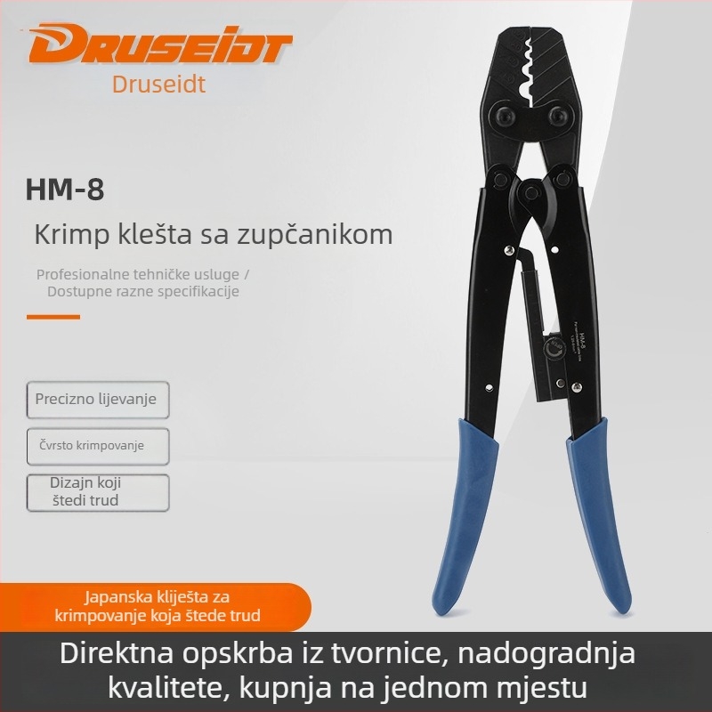 Delitt HM-8 Pritiskne kliješta za terminale s ratchet mehanizmom, za gole terminale, s kružnim i vilastim vrhom