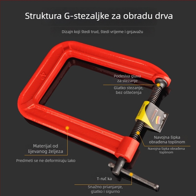 G-oblik stolarski steznik s dubokim grlom i debelim čeljustima, teški alat