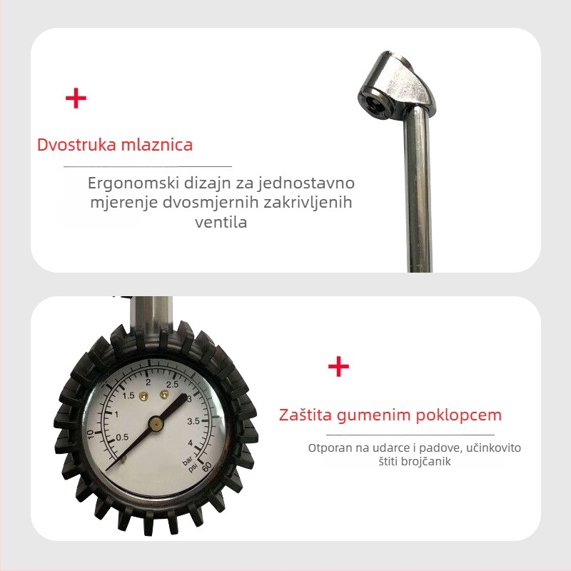 Visoko precizan mehanički manometar za tlak u gumama s dugim cijevima i funkcijom oslobađanja zraka