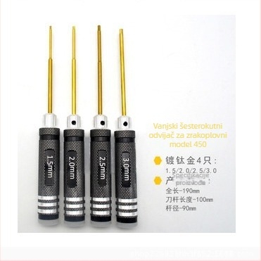 Set šesterokutnih ključeva (unutarnji i vanjski), veličine 1.5, 2.0, 2.5 i 3.0 mm — četverodjelni skup alata za modele zrakoplova, od visokou brzog čelika s titanovim premazom