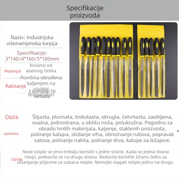 Set fajlova s dvobojnom plastičnom držačem, raznovrsni fajlovi, 10 komada, veličine 3x140 mm, 4x160 mm, 5x180 mm