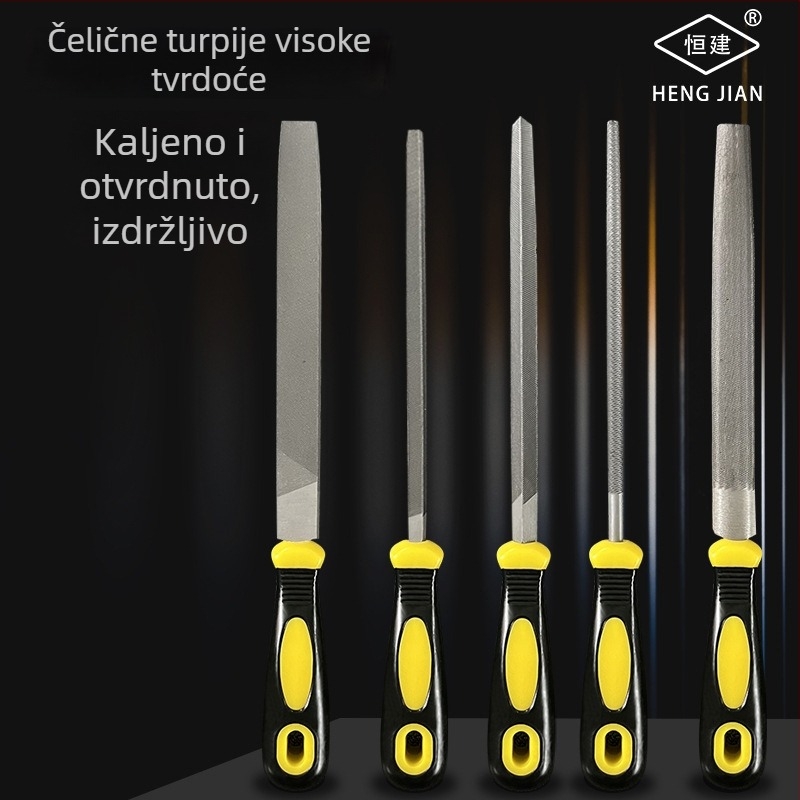 Set fajlova za metal i drvo: ravni, polukružni i trokutasti fajl, dvostrani rez, duljina 200 mm, s držalom