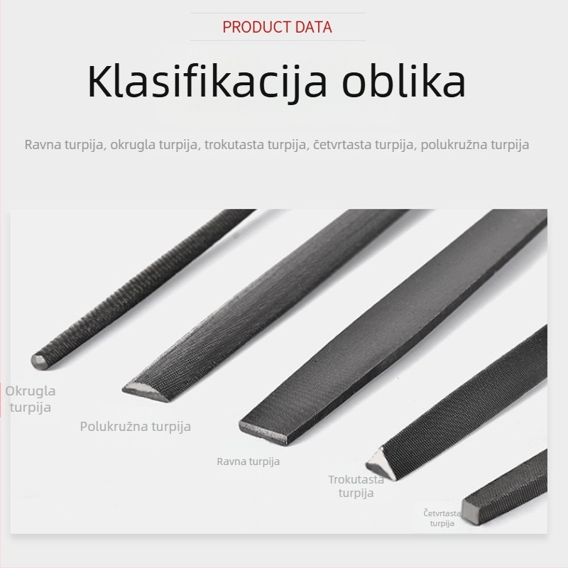 Set fajlova za metal i drvo: ravni, polukružni i trokutasti fajl, dvostrani rez, duljina 200 mm, s držalom