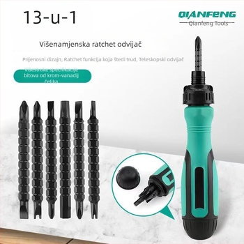 13-u-1 višenamjenski odvijač s klik-mehanizmom, teleskopni, Y-oblik trokutasti dizajn, magnetski krom-vanadijev čelik