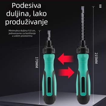 13-u-1 višenamjenski odvijač s klik-mehanizmom, teleskopni, Y-oblik trokutasti dizajn, magnetski krom-vanadijev čelik