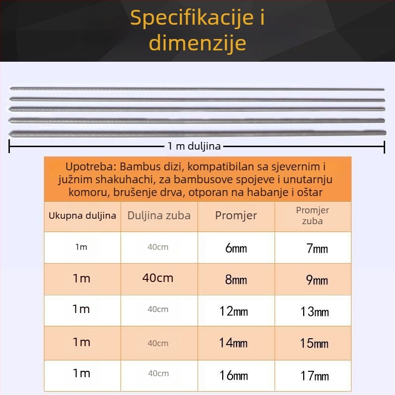 Set od dvije fajle za izradu flaute, duljina 1 m, okrugli čelični fajli za unutarnje šupljine bambusa i obradu drva