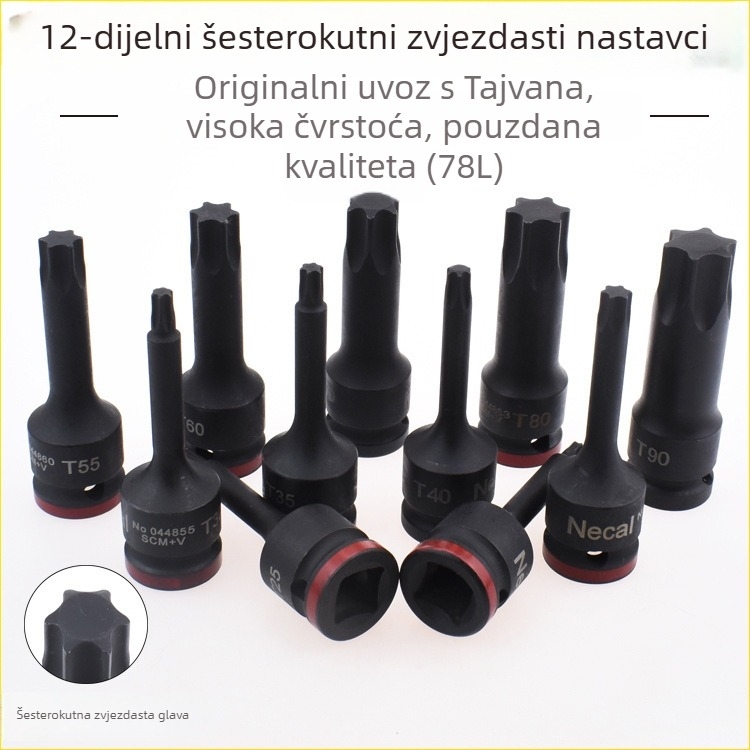 1/2 inčni pneumatski integrirani socket bit, 12,5 mm, Torx T25-T90
