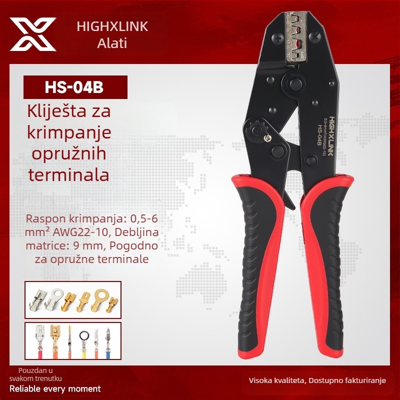 HS-0546B Pritiskne kliješte za terminale s oprugom za automobilsku kabelsku instalaciju, 0.5–6 mm², hidraulične, s terminalima 6.3/4.8/2.8 mm