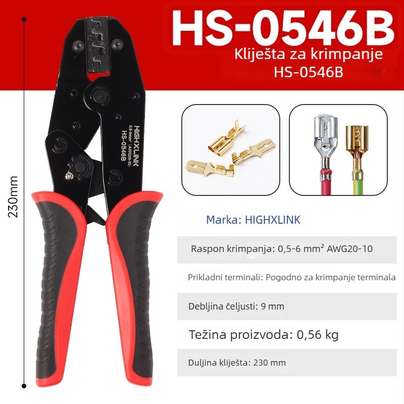 HS-0546B Pritiskne kliješte za terminale s oprugom za automobilsku kabelsku instalaciju, 0.5–6 mm², hidraulične, s terminalima 6.3/4.8/2.8 mm