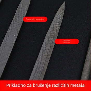 Set ravnih pilnika za drvnu obradu, uključuje Mitsubishi pilnik, tri okrugla pilnika i dijamantni pilnik.