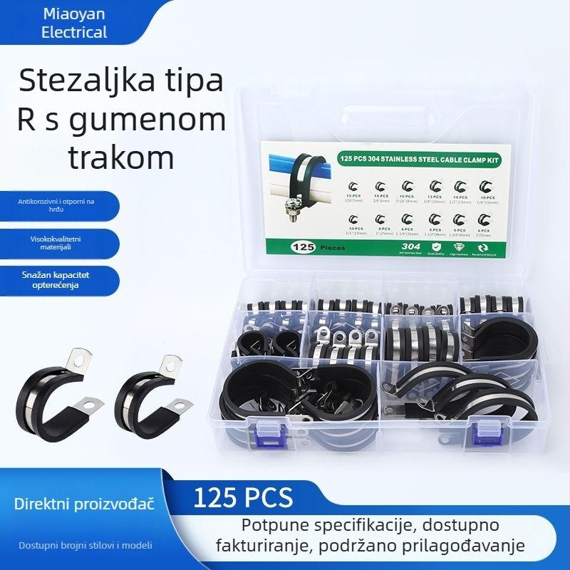 125-dijelni set R-tipnih stezaljki s ljepilnom trakom, od nehrđajućeg čelika 304 — stezaljke za crijeva, cijevi i kabel (U-oblik)