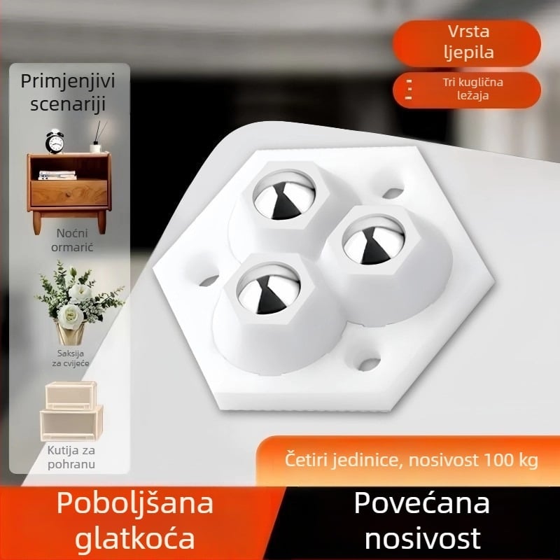 Ljepljiva tiha univerzalna kotačić za namještaj s trostrukim kugličnim ležajem, uklonjivo malo plastično kotač, otporno na habanje