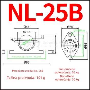 NL-25B Univerzalna sfera Bull's-Eye; najlon kugla i nehrđajuća čelična kugla, romboidni montažni s dvjema otvorima