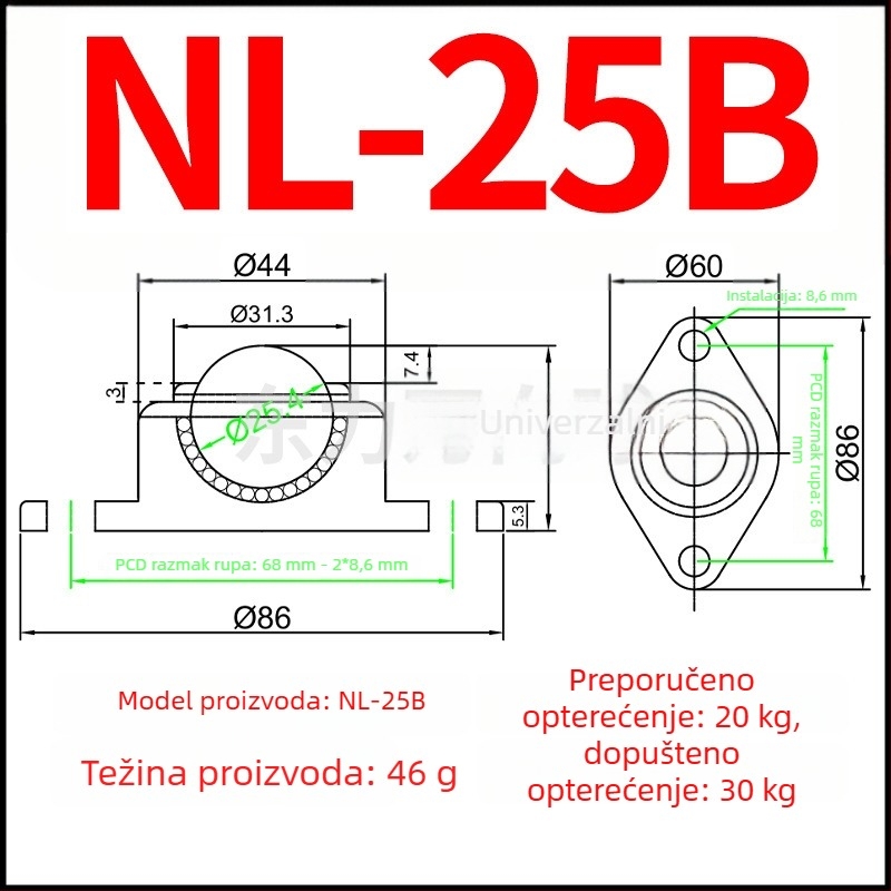 NL-25B Univerzalna sfera Bull's-Eye; najlon kugla i nehrđajuća čelična kugla, romboidni montažni s dvjema otvorima