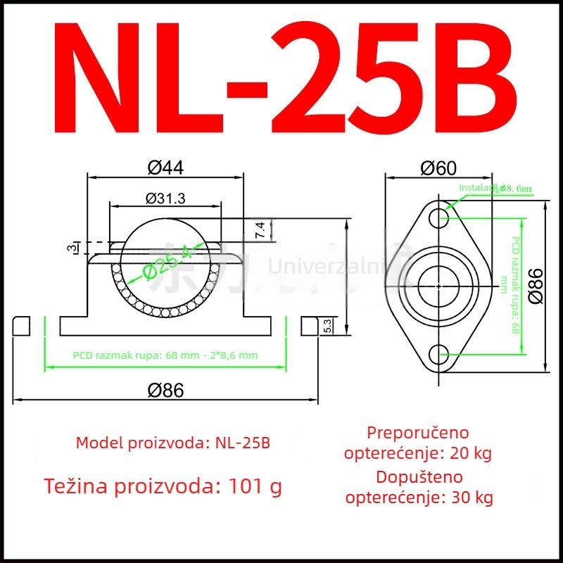 NL-25B Univerzalna sfera Bull's-Eye; najlon kugla i nehrđajuća čelična kugla, romboidni montažni s dvjema otvorima