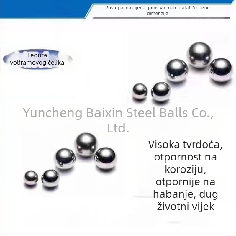 Loptice od ležajnog čelika GCr15, veličine 5–12 mm (5, 6, 7, 7,938, 8, 9, 10, 11, 12 mm); otporne na habanje i izdržljive.