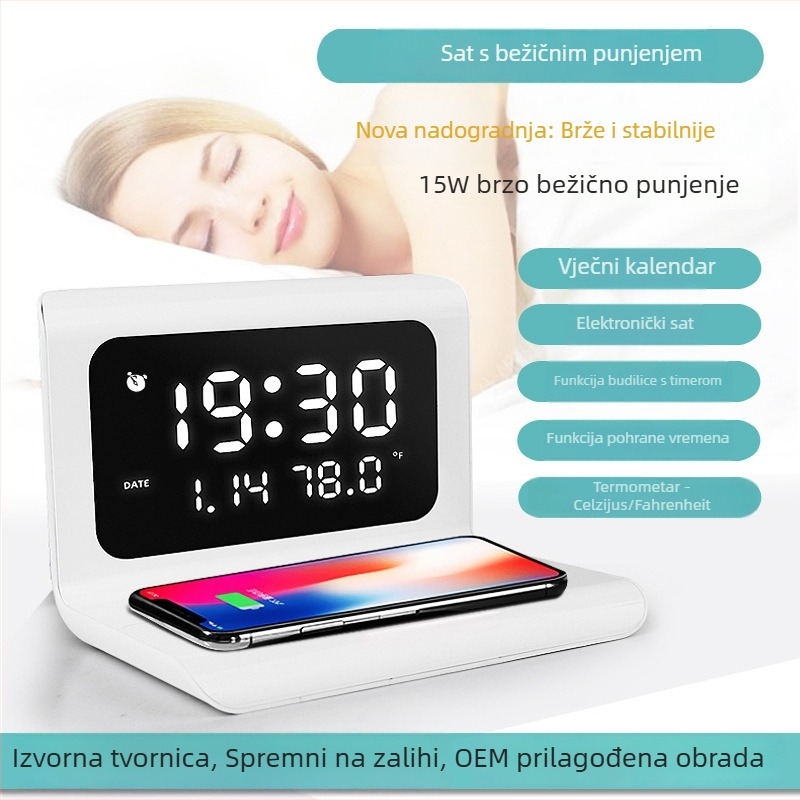 Bežični punjač za telefon sa stolnim kalendarom, termometrom i budilicom