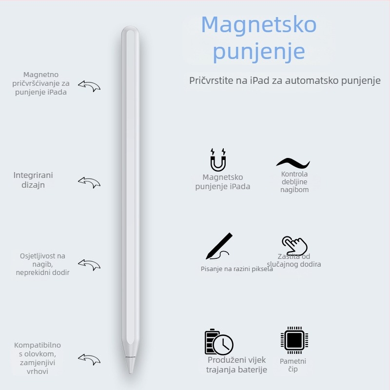Kapacitativni stylus za iPad, druga generacija, zamjena, magnetsko punjenje, zaštita od slučajnog dodira, Bluetooth prikaz napajanja