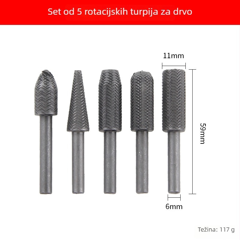 Set rotirajućih pilnika za drvo (5 kom.) – za drvo i mekani metal, uklanjanje hrđe, poliranje, uklanjanje oštrih ivica i proširenje rupa