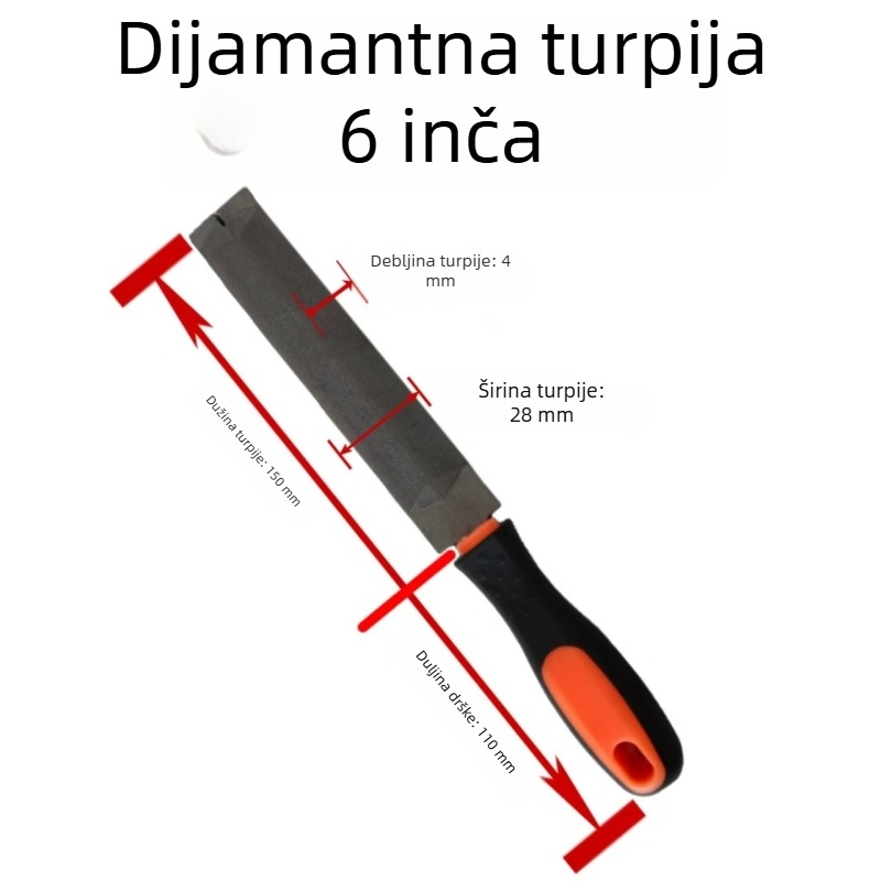 Dijamantni fajl od visokougljičnog čelika, ručni, romboidnog presjeka, trokutasti za drvene obrade, fino zub, dvostruki uzorak, duljina 150 mm