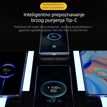 Crni USB-C kabel za brzo punjenje 120W, 6A, kompatibilan sa svim proizvođačima pametnih telefona, podrška protokolima napajanja