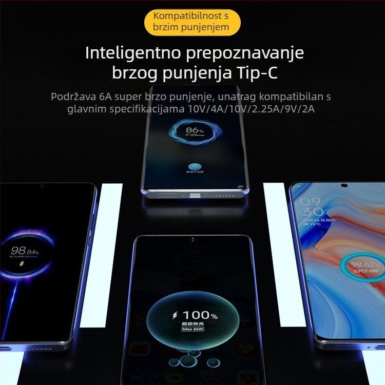 Crni USB-C kabel za brzo punjenje 120W, 6A, kompatibilan sa svim proizvođačima pametnih telefona, podrška protokolima napajanja