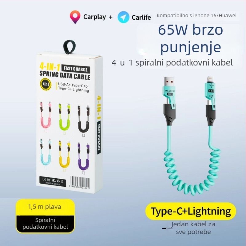 Četiri u jednom izvlačni kabel za automobil s CarPlay – 65W brzo punjenje, Lightning, USB-C i Micro-USB