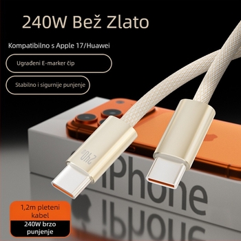 Pleteni USB-C kabel za brzo punjenje 240W, zlatna boja, dužina 1-2 m, za Apple iPhone 17 i Huawei uređaje