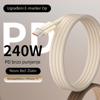 Pleteni USB-C kabel za brzo punjenje 240W, zlatna boja, dužina 1-2 m, za Apple iPhone 17 i Huawei uređaje