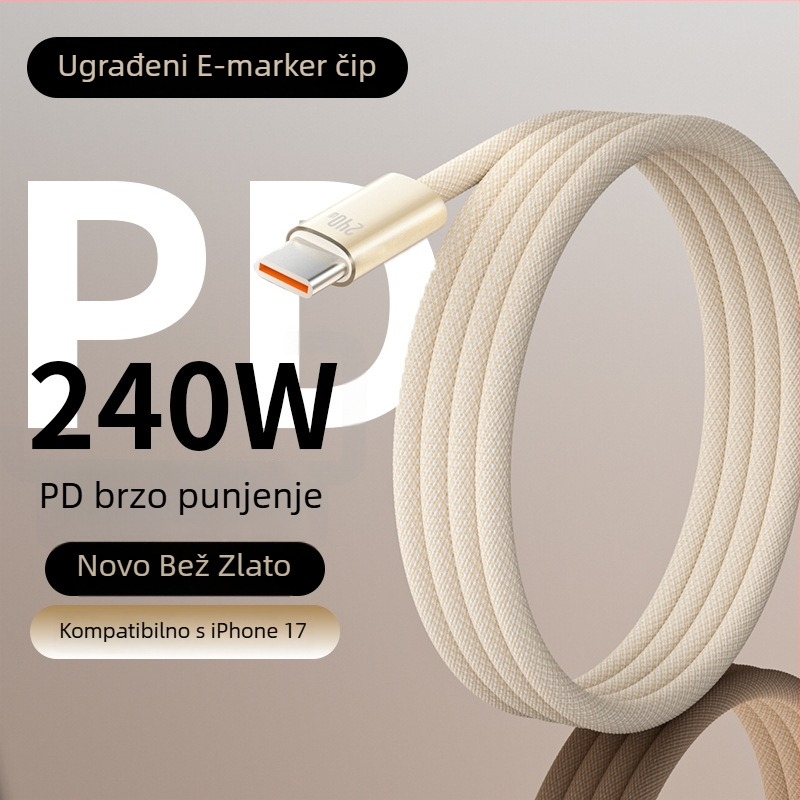 Pleteni USB-C kabel za brzo punjenje 240W, zlatna boja, dužina 1-2 m, za Apple iPhone 17 i Huawei uređaje