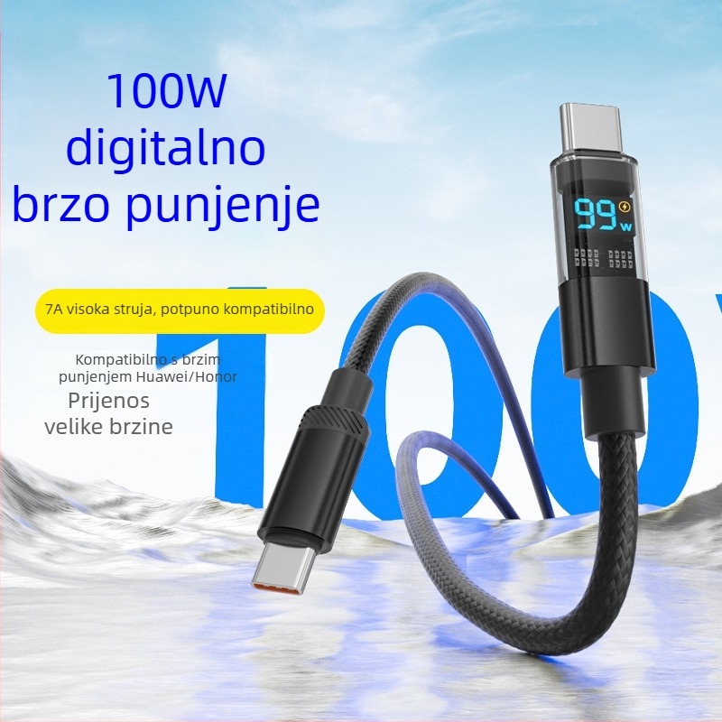 Inteligentni prozirni kabel s horizontalnim zaslonom i digitalnim prikazom, pleteni jednovodični kabel, kompatibilan s Apple i Huawei, PD27W brzo punjenje