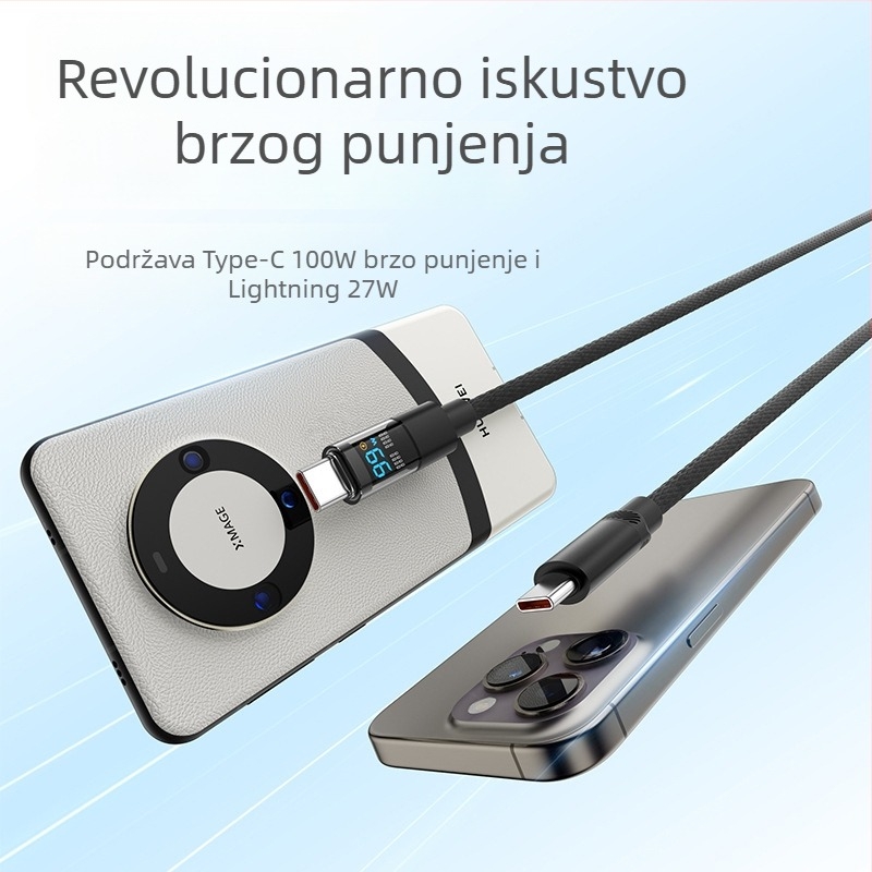 Inteligentni prozirni kabel s horizontalnim zaslonom i digitalnim prikazom, pleteni jednovodični kabel, kompatibilan s Apple i Huawei, PD27W brzo punjenje