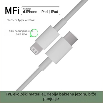 MFi certificirani kabel za brzo punjenje s Lightning i USB-C priključcima, PD 27W, duljina 1–2 m, bijela, TPE