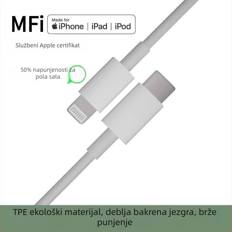MFi certificirani kabel za brzo punjenje s Lightning i USB-C priključcima, PD 27W, duljina 1–2 m, bijela, TPE