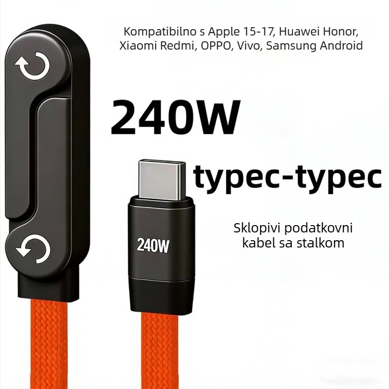 Narančasti USB-C podatkovni kabel s 240W PD brzim punjenjem, kompatibilan s Apple, Huawei i Samsung, duljina 1–2 m
