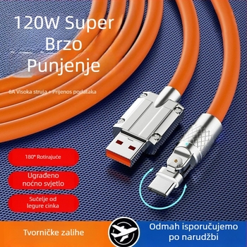 USB-C kabel s 180° savijanjem, 120W brzo punjenje, 6A, duljina 1–2 m, narančasta