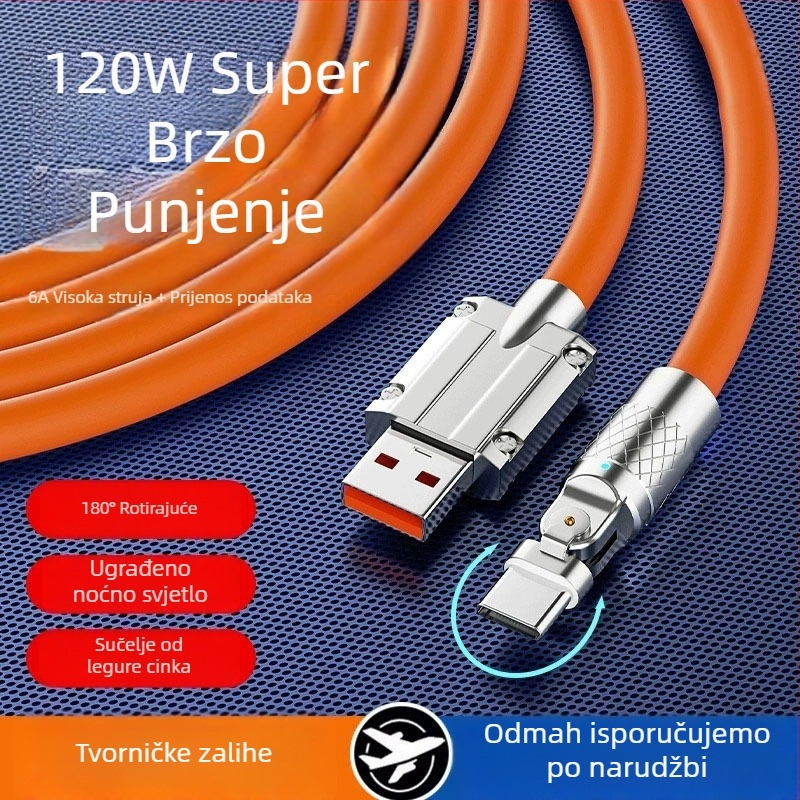 USB-C kabel s 180° savijanjem, 120W brzo punjenje, 6A, duljina 1–2 m, narančasta