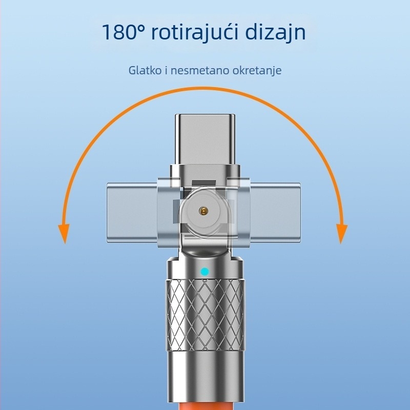 USB-C kabel s 180° savijanjem, 120W brzo punjenje, 6A, duljina 1–2 m, narančasta