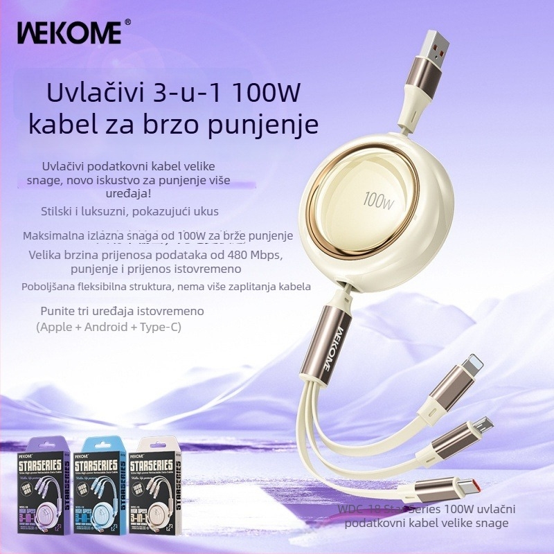 WEKOME Zvijezda 100W teleskopski 3-in-1 kabel za punjenje i prijenos podataka s Lightning, Micro USB i USB-C, duljina 1-2 m, model WDC-18