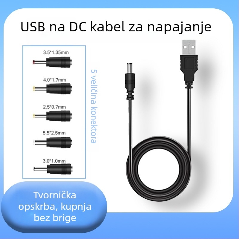 Set DC konektora za prijenosna računala, 5 zamjenjivih vrhova, 5.5×2.1 mm, USB adapter