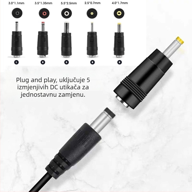 Set DC konektora za prijenosna računala, 5 zamjenjivih vrhova, 5.5×2.1 mm, USB adapter